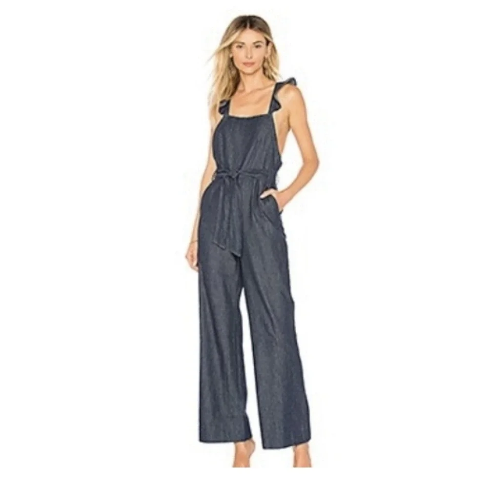 JOIE Women's Alvina B Denim‎ Jumpsuit Size 00 in Atlantic Ruffle Wide Leg Cruise